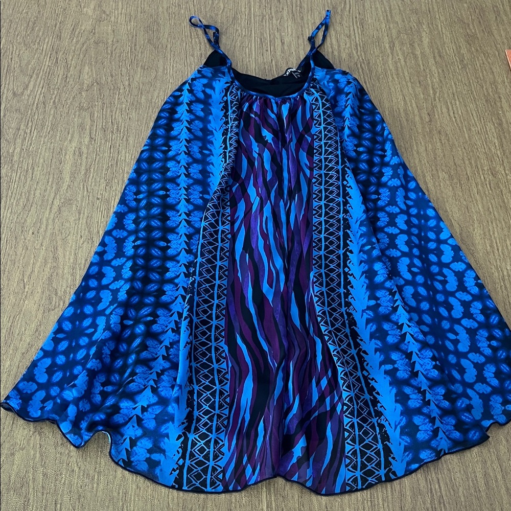 Express Vibrant Blue, Black & Purple Flowing Mini Dress Spaghetti Straps, Sz XS